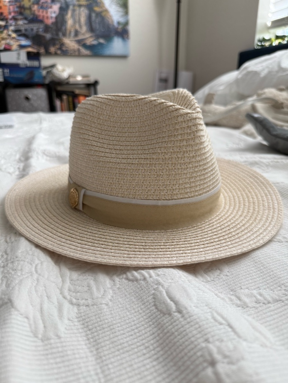 Vince Camuto Cream Straw Fedora with Accent Band